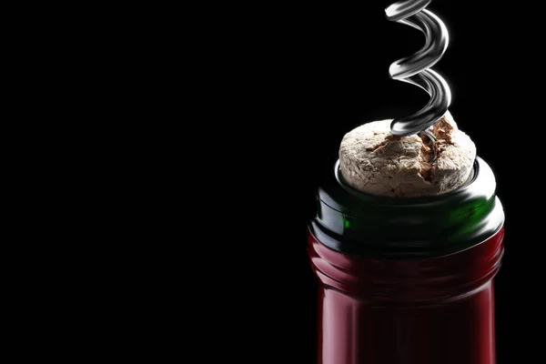 Opening Wine Bottle Corkscrew Dark Background Closeup Space Text — Stockfoto