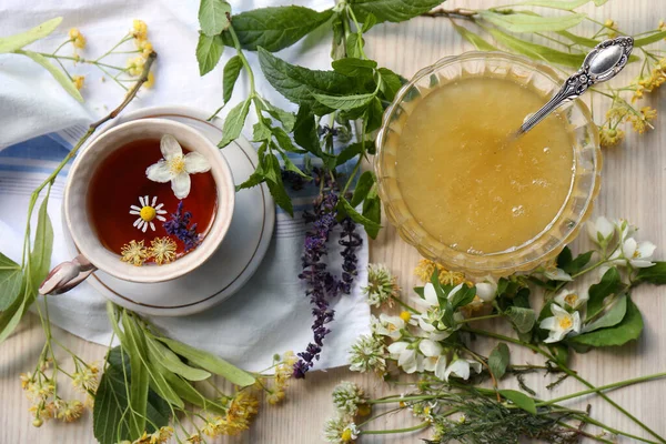 Cup Hot Aromatic Tea Honey Different Fresh Herbs White Wooden — Stock Photo, Image