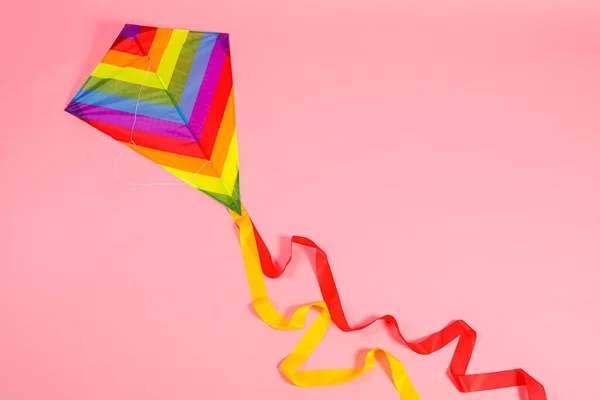 Bright Rainbow Kite Pink Background Top View — Photo