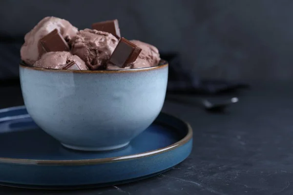 Yummy Chocolate Ice Cream Bowl Black Table Space Text — Foto de Stock
