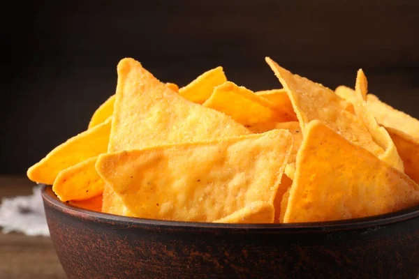 Tortilla Chips Nachos Bowl Table Dark Background Closeup — 스톡 사진