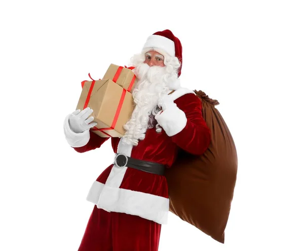 Santa Claus Sack Gifts White Background — Stockfoto