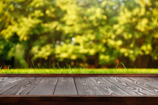 Empty Wooden Surface Blurred Green Background Space Design — Stok fotoğraf