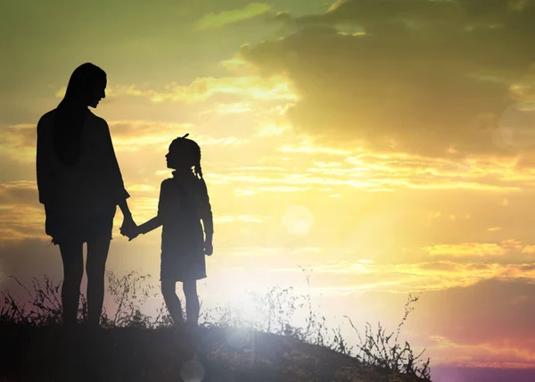 Silhouettes Godparent Child Field Sunset Space Text — Stockfoto