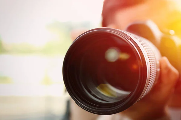 Photographer Professional Camera Blurred Background Closeup —  Fotos de Stock