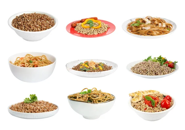 Set Tasty Buckwheat Porridge Noodles White Background — Foto de Stock