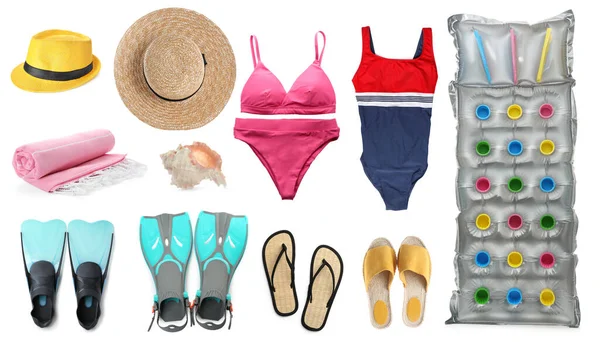 Set Con Diversi Accessori Spiaggia Sfondo Bianco — Foto Stock