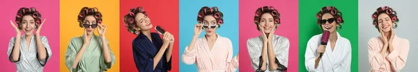 Collage Photos Beautiful Young Woman Wearing Bathrobe Hair Curlers Different — стоковое фото