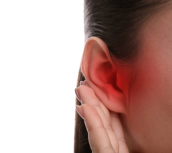 Woman Suffering Ear Pain White Background Closeup — стоковое фото