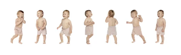 Collage Photos Cute Baby Learning Walk White Background Banner Design — Fotografia de Stock