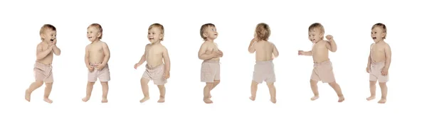 Collage Photos Cute Baby Learning Walk White Background Banner Design — Stock Photo, Image