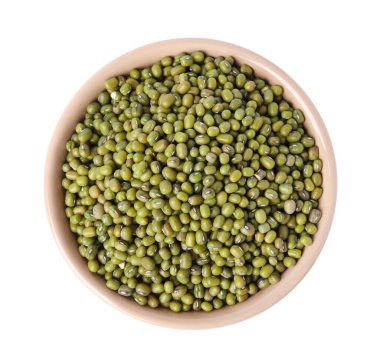 Bowl with green mung beans isolated on white, top view. Organic grains