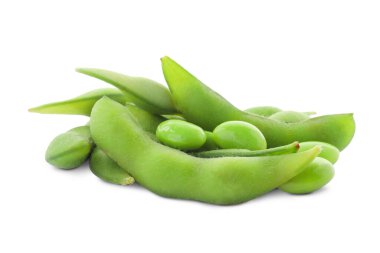 Fresh green edamame pods and beans on white background