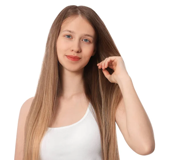 Adolescente Chica Con Fuerte Cabello Sano Sobre Fondo Blanco — Foto de Stock