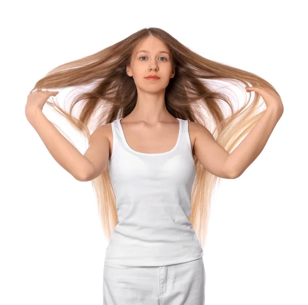 Adolescente Chica Con Fuerte Cabello Sano Sobre Fondo Blanco —  Fotos de Stock