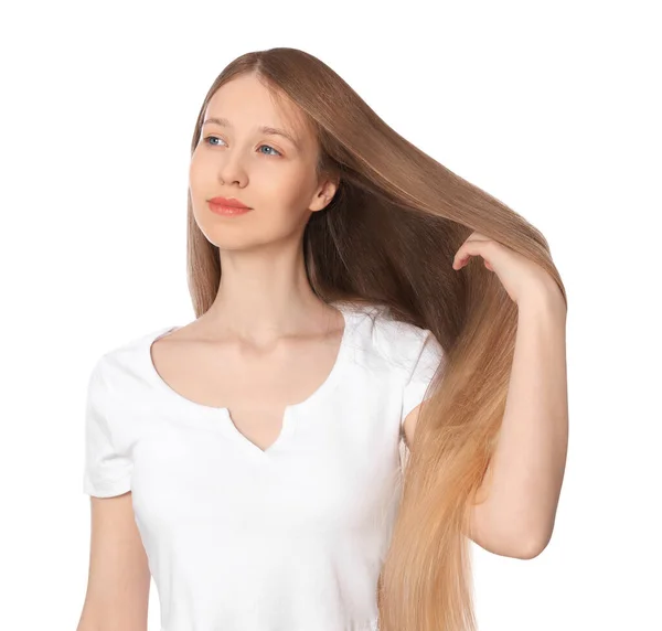 Teenage Κορίτσι Ισχυρή Υγιή Μαλλιά Λευκό Φόντο — Φωτογραφία Αρχείου