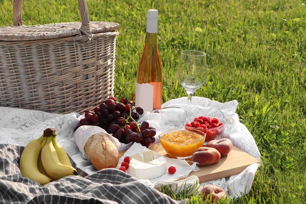 Picnic Blanket Tasty Food Basket Cider Green Grass Outdoors — Stock fotografie