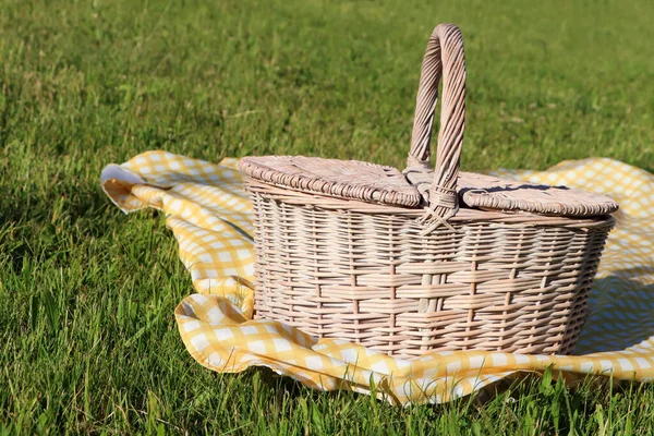 Picnic Basket Checkered Tablecloth Green Grass Outdoors Space Text — Photo