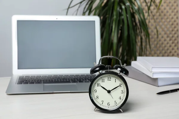 Laptop Notebooks Pen Alarm Clock White Wooden Table Indoors — Stockfoto