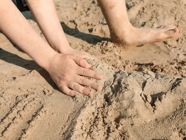 Little Boy Playing Sand Sunny Day Closeup — Fotografia de Stock
