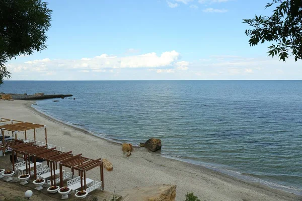 Picturesque View Sandy Beach Cozy Gazebos Sea — Stock Photo, Image