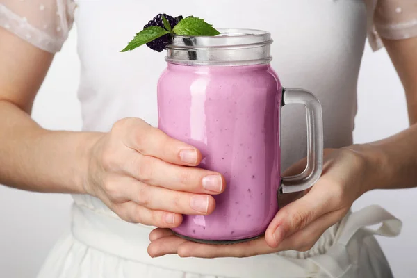 Woman Mason Jar Delicious Blackberry Smoothie White Background Closeup — Stockfoto