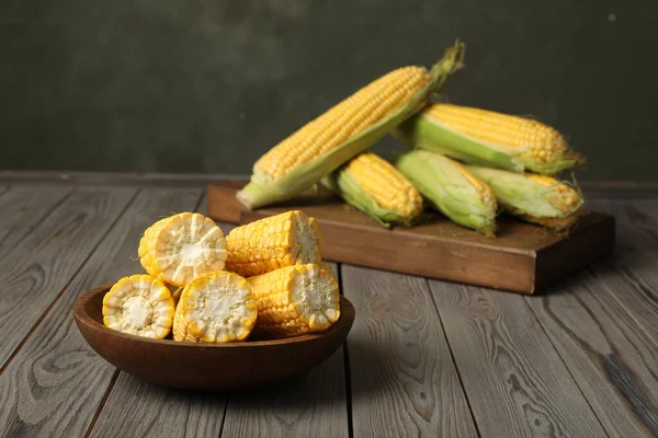 Tasty Sweet Corn Cobs Wooden Table Space Text — 스톡 사진