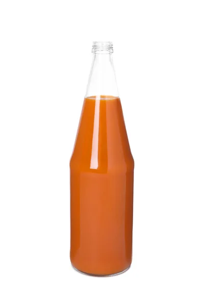 Fresh Carrot Juice Glass Bottle Isolated White — Zdjęcie stockowe