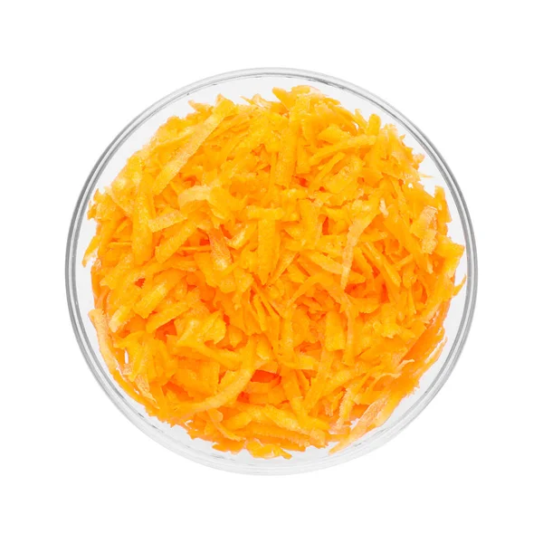 Fresh Grated Carrot Glass Bowl Isolated White Top View — Stock fotografie