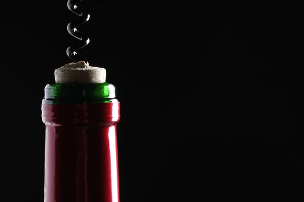 Opening Wine Bottle Corkscrew Dark Background Closeup Space Text — Stock Photo, Image