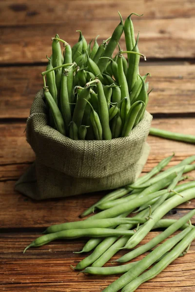 Delicious Fresh Green Beans Wooden Table —  Fotos de Stock