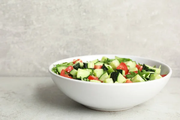 Delicious Salad Cucumbers Tomatoes Sesame Bowl Light Table Space Text — Stockfoto
