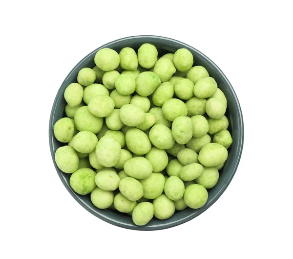 Tasty Wasabi Coated Peanuts Bowl White Background Top View — Fotografia de Stock