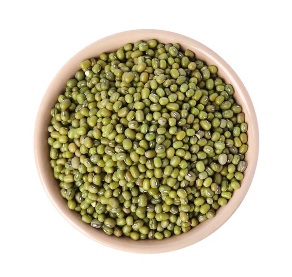 Bowl Green Mung Beans Isolated White Top View Organic Grains — 图库照片