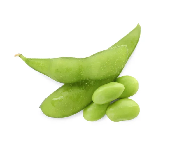 Fresh Green Edamame Pods Beans White Background Top View — Stock fotografie