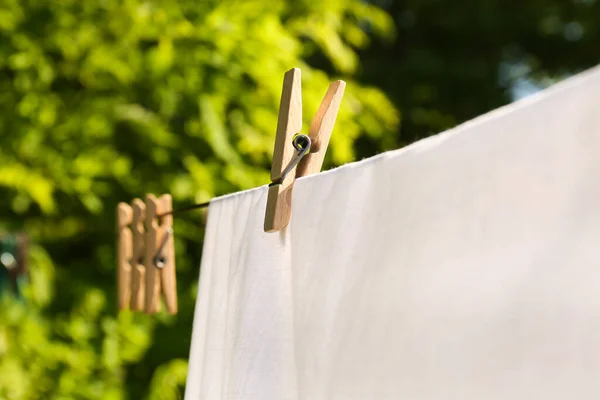 Washing Line Clean Laundry Clothespins Outdoors Closeup — ストック写真