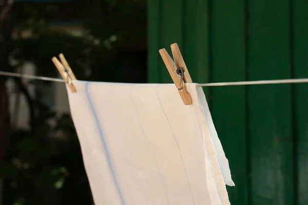 Washing Line Clean Laundry Clothespins Outdoors Closeup — 图库照片