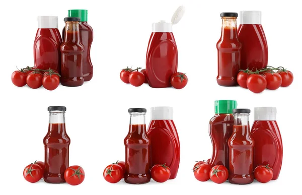 Set Different Bottles Ketchup White Background — 스톡 사진