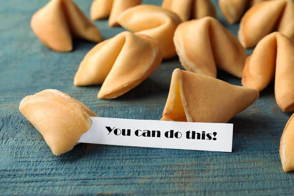 Tasty Fortune Cookie Prediction You Can Blue Wooden Table Closeup — ストック写真