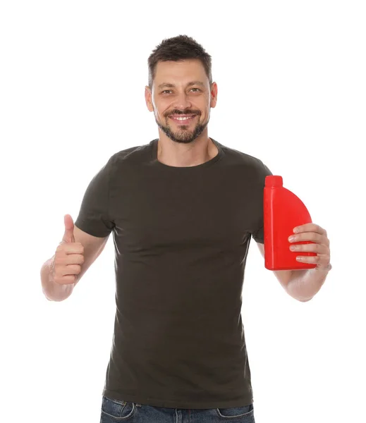 Man Met Rode Container Motorolie Duimen Omhoog Witte Achtergrond — Stockfoto