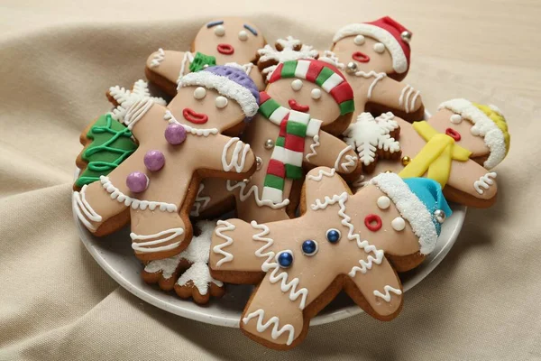 Delicious Christmas Cookies Beige Napkin Closeup View — Stock Photo, Image