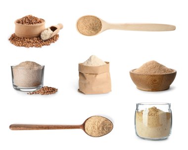 Set with buckwheat flour on white background