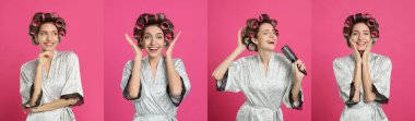 Pembe arka planda saç bigudili bornoz giyen güzel genç bir kadının fotoğraflarıyla kolaj. Pankart tasarımı