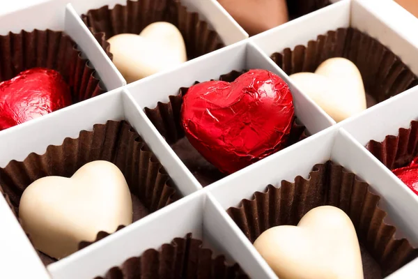 Tasty Heart Shaped Chocolate Candies Box Closeup Valentine Day Celebration — Stock Photo, Image