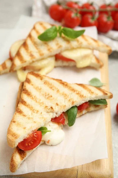 Läckra Grillade Smörgåsar Med Mozzarella Tomater Och Basilika Träskiva Närbild — Stockfoto