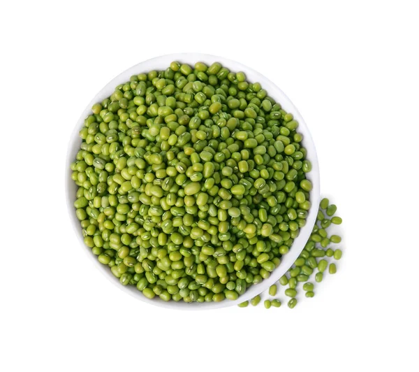 Bowl Green Mung Beans Isolated White Top View Organic Grains — Stockfoto