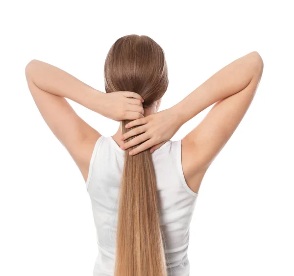 Adolescente Avec Forts Cheveux Sains Sur Fond Blanc Vue Dos — Photo