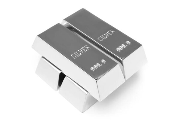 Many shining silver bars isolated on white