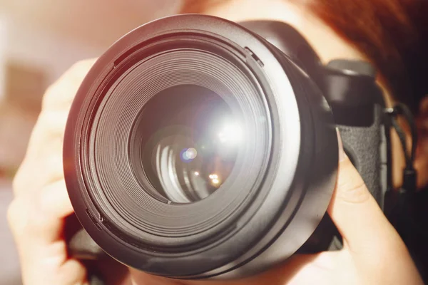 Photographer Professional Camera Blurred Background Closeup — стоковое фото