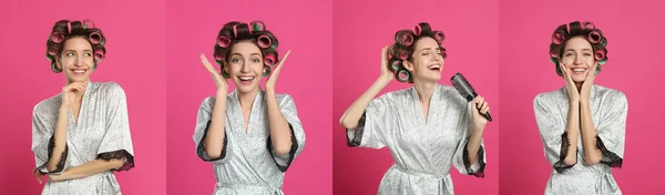Колаж Фотографіями Красивої Молодої Жінки Носить Халат Лижниками Волосся Рожевому — стокове фото
